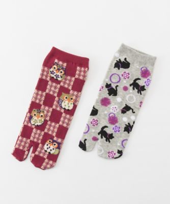 【SALE（三越）】＜装いの道＞ 婦人足袋ソックス2足セット 赤色ふくろう柄・グレー猫柄 【三越・伊勢丹/公式】