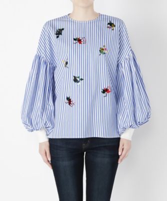 ＜MUVEIL/ミュベール＞ ギャザースリーブブラウス(MA72FB003) whitexblue 【三越・伊勢丹/公式】