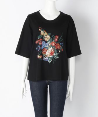 ＜スーパーハッカ フィーユ/super hakka feuille＞ 大きいサイズ アンティークフラワーTシャツ(16950473)(クローバー) ブラック(90) 【三越・伊勢丹/公式】