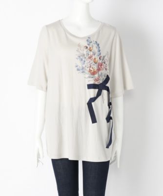 ＜スーパーハッカ フィーユ/super hakka feuille＞ 大きいサイズ ブーケプリント立体リボンTシャツ(16951073)(クローバー) グレー(80) 【三越・伊勢丹/公式】