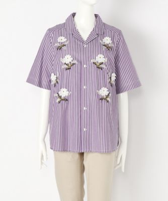 ＜スーパーハッカ フィーユ/super hakka feuille＞ 大きいサイズ ストライプブロード立体フラワー刺繍ボーラーシャツ(16150773)(クローバー) パープル(53) 【三越・伊勢丹/公式】