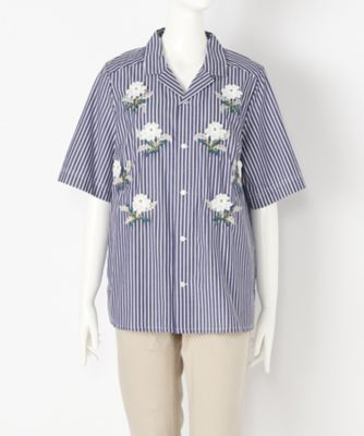 ＜スーパーハッカ フィーユ/super hakka feuille＞ 大きいサイズ ストライプブロード立体フラワー刺繍ボーラーシャツ(16155773)(クローバープラス) ネイビー(61) 【三越・伊勢丹/公式】