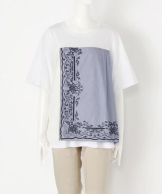 ＜スーパーハッカ フィーユ/super hakka feuille＞ 大きいサイズ ハンカチーフ刺繍異素材MIXTシャツ(16952073)(クローバー) ホワイト(19) 【三越・伊勢丹/公式】