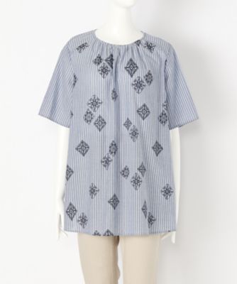 ＜スーパーハッカ フィーユ/super hakka feuille＞ 大きいサイズ ダイヤクロシェレースプリントブラウス(16155473)(クローバープラス) ブルー(60) 【三越・伊勢丹/公式】