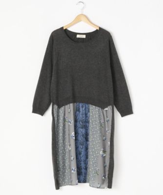 ＜スーパーハッカ フィーユ/super hakka feuille＞ 大きいサイズ パッチワークプリントMIXニットワンピース(16820173)(クローバー) チャコール(82) 【三越・伊勢丹/公式】