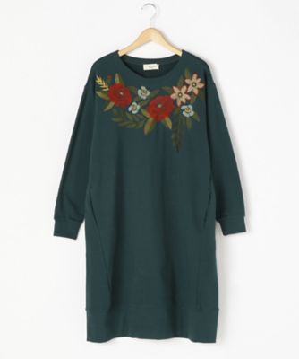 ＜スーパーハッカ フィーユ/super hakka feuille＞ 大きいサイズ バルキーフラワー刺繍裏毛ワンピース(16921073)(クローバー) グリーン(70) 【三越・伊勢丹/公式】