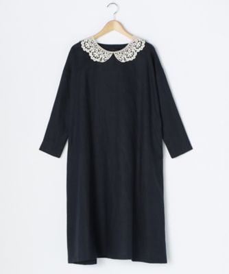 ＜ルウナミウ＞ 大きいサイズ レース衿付リネンワンピース【11BR~13BR】(YCL-053)(クローバー) ネイビーxオフホワイト(7502) 【三越・伊勢丹/公式】