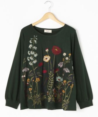 ＜スーパーハッカ フィーユ/super hakka feuille＞ 大きいサイズ 冬のお花刺しゅうボリュームスリーブカット アンド ソーン(16950374)(クローバー) グリーン(70) 【三越・伊勢丹/公式】