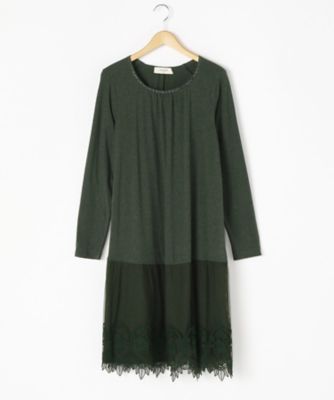 ＜スーパーハッカ フィーユ/super hakka feuille＞ 大きいサイズ リーフドロップチュール刺しゅうインナーワンピース(16925173)(クローバープラス) グリーン(70) 【三越・伊勢丹/公式】