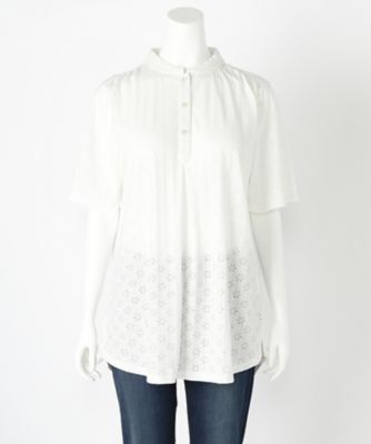 ＜BEACH CAFE LIMITED EDITION＞ 大きいサイズ &starf;<ビーチカフェ L.E.>花柄プルオーバーチュニック(17045)(クローバー/クローバープラス) ホワイト 【三越・伊勢丹/公式】