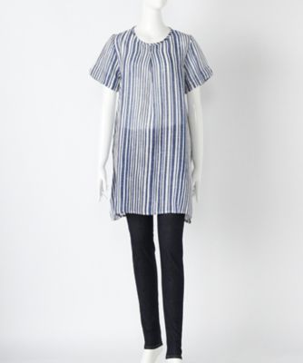 【SALE（伊勢丹）】＜バンブーハウス/BAMBOO HOUSE＞ 大きいサイズ &starf;リネンストライププリントチュニックカット アンド ソーン(S-16004-RT)(クローバー) ネイビー(75) 【三越・伊勢丹/公式】