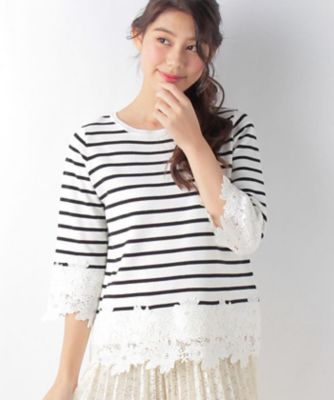 【SALE（三越）】＜ローズティアラ＞ フラワーレース使いボーダーニットトップス シロ 【三越・伊勢丹/公式】