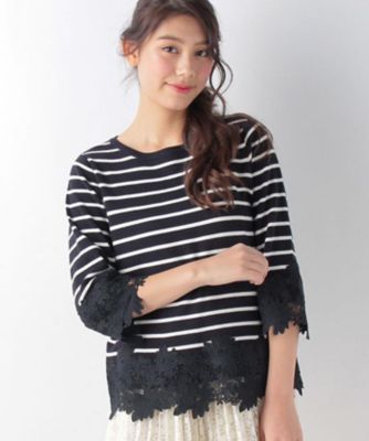 【SALE（三越）】＜ローズティアラ＞ フラワーレース使いボーダーニットトップス ネービーブルー 【三越・伊勢丹/公式】