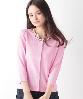 【SALE（三越）】＜ローズティアラL＞ 大きいサイズ スパンコール&フェイクパール衿ニットカーディガン ピンク 【三越・伊勢丹/公式】