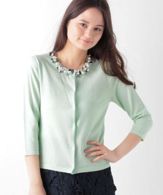 【SALE（三越）】＜ローズティアラL＞ 大きいサイズ スパンコール&フェイクパール衿ニットカーディガン ミドリ 【三越・伊勢丹/公式】