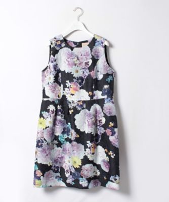 ＜ローズティアラL＞ 大きいサイズ ピオニーパンジープリントジャガードワンピース ネービーブルー 【三越・伊勢丹/公式】