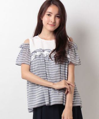 【SALE（三越）】＜ローズティアラ＞ カットオフショルダーボーダーブラウス ネービーブルー 【三越・伊勢丹/公式】