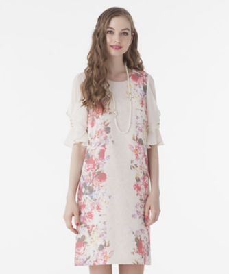 ＜ローズティアラL＞ 大きいサイズ フラワーオーナメントプリントワンピース ベージュ 【三越・伊勢丹/公式】