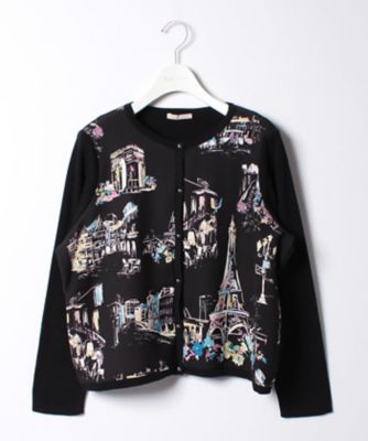 ＜ローズティアラL＞ 大きいサイズ パリ風景プリントニットカーディガン クロ 【三越・伊勢丹/公式】