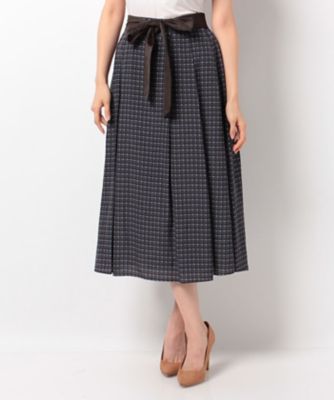 ＜レリアン/Leilian＞ リボンベルト付タックチェックスカート ネービーブルー 【三越・伊勢丹/公式】