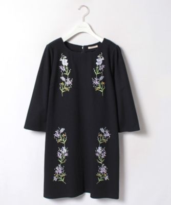 ＜ローズティアラL＞ 大きいサイズ フラワー刺繍使いミラノリブチュニックワンピース ネービーブルー 【三越・伊勢丹/公式】