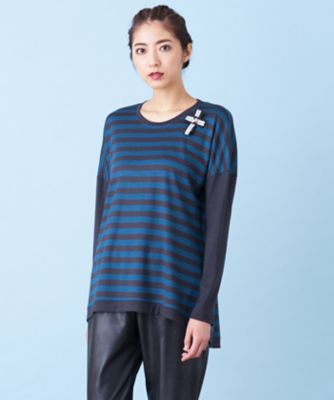 ＜レリアン プラスハウス＞ 大きいサイズ 【BALMAIN】ブランドブローチ付ボーダーカットソー アオ 【三越・伊勢丹/公式】