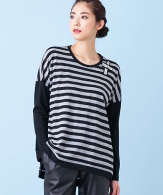 ＜レリアン プラスハウス＞ 大きいサイズ 【BALMAIN】ブランドブローチ付ボーダーカットソー ライトグレー 【三越・伊勢丹/公式】