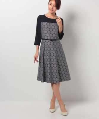 ＜レリアン/Leilian＞ 千鳥格子x無地切替ワンピース ネービーブルー 【三越・伊勢丹/公式】