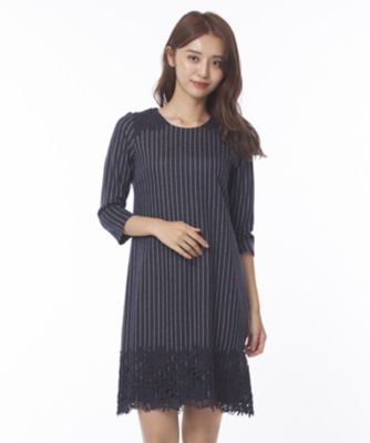 ＜ローズティアラL＞ 大きいサイズ ウールジャガードストライプチュニックワンピース ネービーブルー 【三越・伊勢丹/公式】