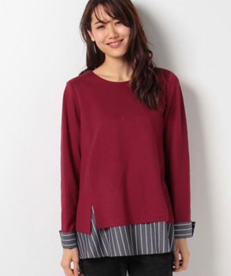 ＜レリアン プラスハウス＞ 大きいサイズ ストライプシャツ生地切替えカットソー アカ 【三越・伊勢丹/公式】