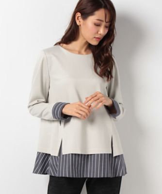 ＜レリアン プラスハウス＞ 大きいサイズ ストライプシャツ生地切替えカットソー ライトグレー 【三越・伊勢丹/公式】