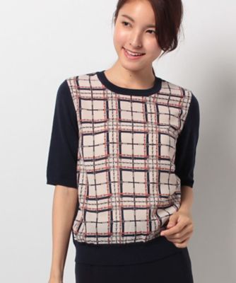 ＜レリアン プラスハウス＞ 大きいサイズ ベルト柄チェック異素材切替ニット ベージュ 【三越・伊勢丹/公式】