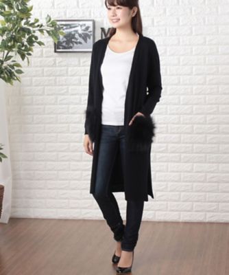 ＜ローズティアラ＞ ファーポケットロングニットカーディガン ネービーブルー 【三越・伊勢丹/公式】