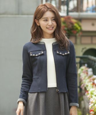 ＜ローズティアラ＞ デニムムートンジャージーノーカラージャケット ネービーブルー 【三越・伊勢丹/公式】