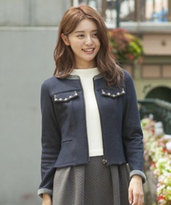 ＜ローズティアラL＞ 大きいサイズ デニムムートンジャージーノーカラージャケット ネービーブルー 【三越・伊勢丹/公式】