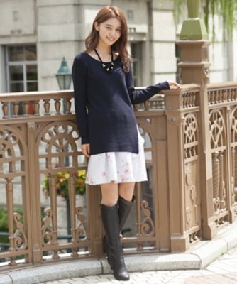 ＜ローズティアラ＞ ロングニット&フラワープリントフリルキャミワンピース ネービーブルー 【三越・伊勢丹/公式】