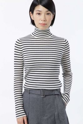＜HUMAN WOMAN＞ ウォッシャブルリブタートル ボーダー(0777270006) ホワイト 【三越・伊勢丹/公式】