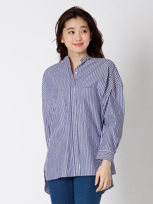 ＜I．T．'S．international(イッツインターナショナル)＞ スキッパーミディ丈ストライプシャツ(1072181014) ダークネイビー 【三越・伊勢丹/公式】