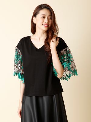 ＜マーリエ パー エフデ＞ 刺繍シースルースリーブカットソー(5973190017) クロ 【三越・伊勢丹/公式】