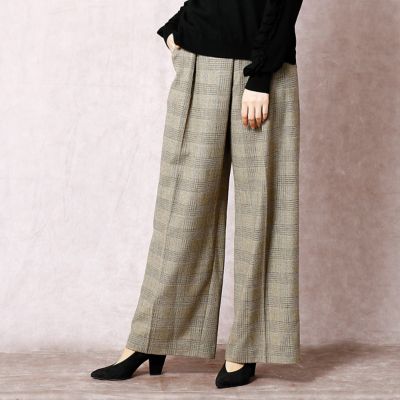 ＜COMME CA DU MODE/コムサデモード＞ ストレッチグレンチェックタックワイドパンツ(0109PC11) カーキベージュ系グレンチェック 【三越・伊勢丹/公式】