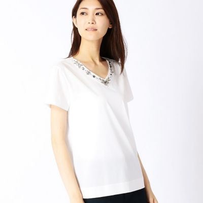 ＜COMME CA TALLサイズ＞ 大きいサイズ プレーティング天竺ビジュープルオーバー(3460EB08) ホワイト 【三越・伊勢丹/公式】