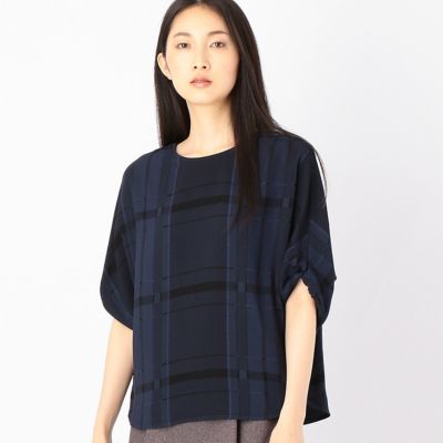＜COMME CA TALLサイズ＞ 大きいサイズ トリアセチェック袖口ねじりブラウス(3472HB01) ネイビー 【三越・伊勢丹/公式】