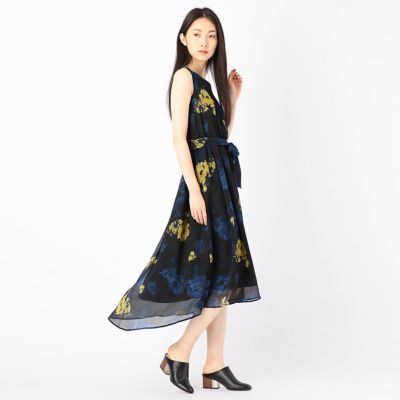 ＜COMME CA TALLサイズ＞ 大きいサイズ アートタッチフラワープリントワンピース(7602OC01) ブラックxマースタードイエロー 【三越・伊勢丹/公式】