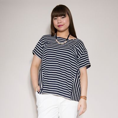 【SALE（伊勢丹）】＜VARAL DE MODA+＞ 大きいサイズ ソフトミニ裏毛切替ボーダーTシャツ(V71-2008)(クローバー) ネイビー(68) 【三越・伊勢丹/公式】