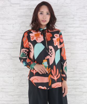 ＜サブストリート マイスタンダード/SAB STREET MY STANDARD＞ 大きいサイズ <tinsels(ティンセル)>Tutti-Fruttiプリントリボン付ブラウス(33-01-5674)(クローバー) ブラック(03) 【三越・伊勢丹/公式】
