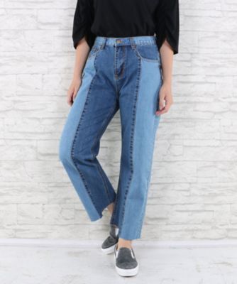 ＜サブストリート マイスタンダード/SAB STREET MY STANDARD＞ 大きいサイズ <EVIDNT>バイカラーワイドデニムパンツ(33-12-9590)(クローバー) ネイビー(40) 【三越・伊勢丹/公式】