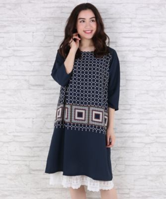 【SALE（伊勢丹）】＜サブストリート マイスタンダード/SAB STREET MY STANDARD＞ 大きいサイズ 幾何柄パネルプリントワンピース(33-30-7901)(クローバー) ネイビー(43) 【三越・伊勢丹/公式】