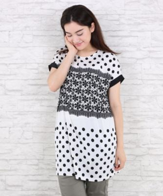 ＜サブストリート マイスタンダード/SAB STREET MY STANDARD＞ 大きいサイズ エスパンディ幾何柄&花柄チュニックワンピース(33-36-7959)(クローバー) ドットxフラワーブラック(04) 【三越・伊勢丹/公式】