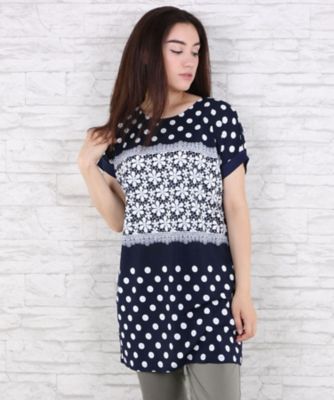 ＜サブストリート マイスタンダード/SAB STREET MY STANDARD＞ 大きいサイズ エスパンディ幾何柄&花柄チュニックワンピース(33-36-7959)(クローバー) ドットxフラワーネイビー(44) 【三越・伊勢丹/公式】