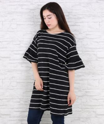 【SALE（伊勢丹）】＜サブストリート マイスタンダード/SAB STREET MY STANDARD＞ 大きいサイズ ジャカードボーダー袖フリルワンピース(33-36-7967)(クローバー) ブラック(03) 【三越・伊勢丹/公式】